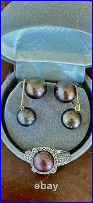 Freshwater Brown Pearl Set-Bracelet, 2 Pair Earrings&14K White Gold/Diamonds Ring