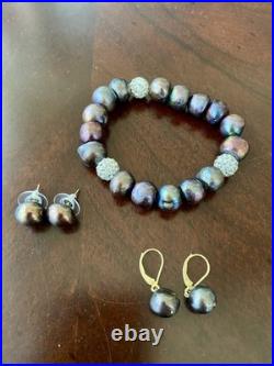 Freshwater Brown Pearl Set-Bracelet, 2 Pair Earrings&14K White Gold/Diamonds Ring