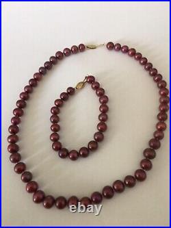 Freshwater Cranberry Pearl Necklace & Bracelet Set With 14k Yellow Gold Clasp