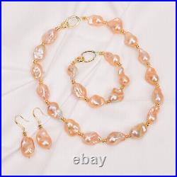 Freshwater Cultured Pink Keshi Baroque Pearl Necklace Bracelet Earrings Sets