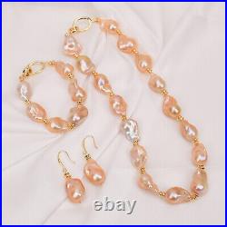 Freshwater Cultured Pink Keshi Baroque Pearl Necklace Bracelet Earrings Sets