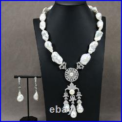 Freshwater Cultured White Keshi Baroque Pearl CZ Pendant Necklace Earrings Sets