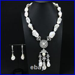 Freshwater Cultured White Keshi Baroque Pearl CZ Pendant Necklace Earrings Sets