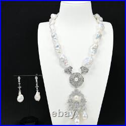 Freshwater Cultured White Keshi Baroque Pearl CZ Pendant Necklace Earrings Sets