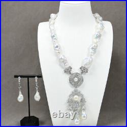 Freshwater Cultured White Keshi Baroque Pearl CZ Pendant Necklace Earrings Sets