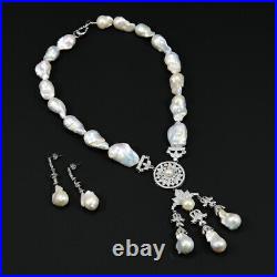 Freshwater Cultured White Keshi Baroque Pearl CZ Pendant Necklace Earrings Sets