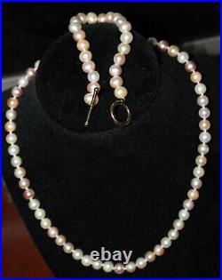 Freshwater PEARL Necklace and Bracelet Set 14k Yellow Gold Multi Shade Pearls