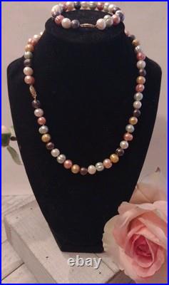 Freshwater Pearl 14k Gold Clasp Vintage Estate Necklace Bracelet Set Multicolor