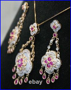 GORGEOUS 14K Gold Ornate Ruby Diamond & Mother of Pearl Necklace & Earring Set