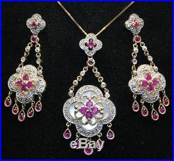 GORGEOUS 14K Yellow Gold Ruby Diamond & Mother of Pearl Necklace & Earring Set