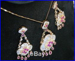 GORGEOUS 14K Yellow Gold Ruby Diamond & Mother of Pearl Necklace & Earring Set