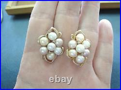 GORGEOUS Vintage 14k Yellow Gold Pearl Ring sz6.25 & Earrings Set Diamond accent