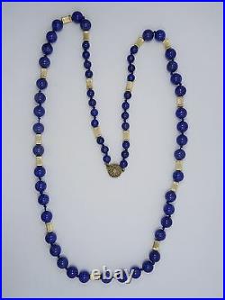 GRADUATED LAPIS BEAD with SOLID 14K GOLD BEAD NECKLACE BRACELET EARRINGS SET98.9g