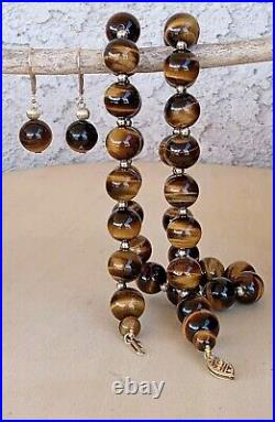 GSJ 14K YELLOW GOLD TIGER'S EYE SET 10mm BEAD NECKLACE AND LEVERBACK EARRINGS