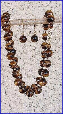 GSJ 14K YELLOW GOLD TIGER'S EYE SET 10mm BEAD NECKLACE AND LEVERBACK EARRINGS