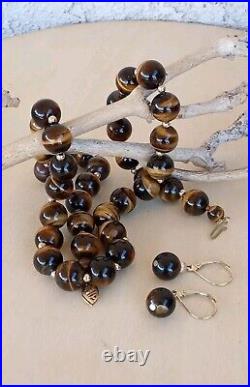 GSJ 14K YELLOW GOLD TIGER'S EYE SET 10mm BEAD NECKLACE AND LEVERBACK EARRINGS