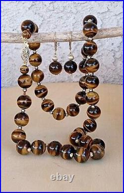 GSJ 14K YELLOW GOLD TIGER'S EYE SET 10mm BEAD NECKLACE AND LEVERBACK EARRINGS