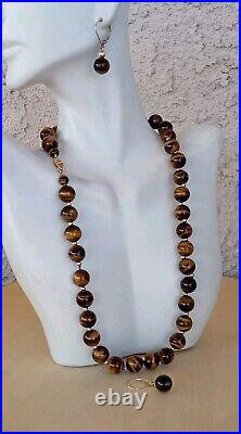 GSJ 14K YELLOW GOLD TIGER'S EYE SET 10mm BEAD NECKLACE AND LEVERBACK EARRINGS