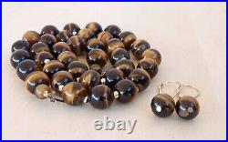 GSJ 14K YELLOW GOLD TIGER'S EYE SET 10mm BEAD NECKLACE AND LEVERBACK EARRINGS