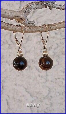 GSJ 14K YELLOW GOLD TIGER'S EYE SET 10mm BEAD NECKLACE AND LEVERBACK EARRINGS