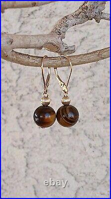 GSJ 14K YELLOW GOLD TIGER'S EYE SET 10mm BEAD NECKLACE AND LEVERBACK EARRINGS