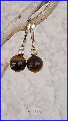 GSJ 14K YELLOW GOLD TIGER'S EYE SET 10mm BEAD NECKLACE AND LEVERBACK EARRINGS