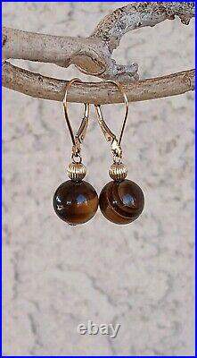 GSJ 14K YELLOW GOLD TIGER'S EYE SET 10mm BEAD NECKLACE AND LEVERBACK EARRINGS