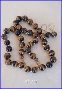 GSJ 14K YELLOW GOLD TIGER'S EYE SET 10mm BEAD NECKLACE AND LEVERBACK EARRINGS