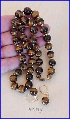 GSJ 14K YELLOW GOLD TIGER'S EYE SET 10mm BEAD NECKLACE AND LEVERBACK EARRINGS