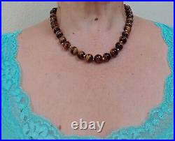 GSJ 14K YELLOW GOLD TIGER'S EYE SET 10mm BEAD NECKLACE AND LEVERBACK EARRINGS