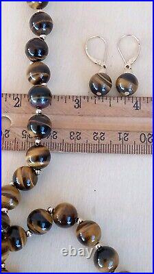 GSJ 14K YELLOW GOLD TIGER'S EYE SET 10mm BEAD NECKLACE AND LEVERBACK EARRINGS