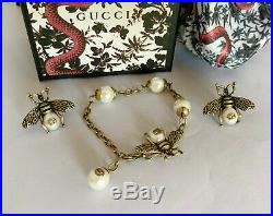 GUCCI SET Antique Gold Bee Bracelet and Earrings with White Pearls