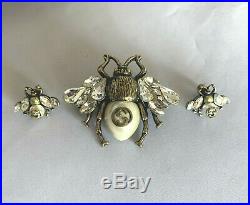GUCCI SET Antique Gold Bee Brooch\Pin and Earrings with White Pearl and Crystal