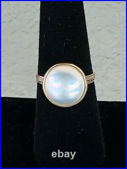Genuine 12mm Mabe Pearl RING bezel set in 14K Yellow Gold Size 7 Antique Band