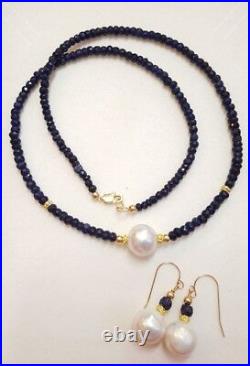 Genuine 35ct Sapphire freshwater white pearl solid 14k gold necklace earring set