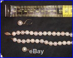 Genuine Akoya White Pearl Necklace & Earrings Set Saltwater Cultured Yellow Gold