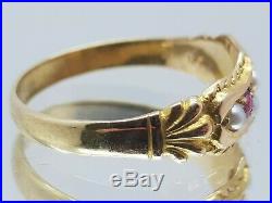 Genuine Antique 18ct 18k Ruby & Pearl Ring Set In Yellow Gold Finger Size T 1/2