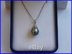 Genuine Black Pearl And Diamond Pendant Necklace Set In 14k White Gold