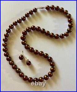 Genuine Chocolate Pearl & Earring Set, 14K Gold, 9mm, 19 long