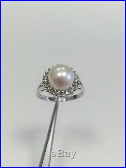 Genuine Diamond & Pearl Halo Cocktail Set Earrings Ring Pendant 14k White Gold