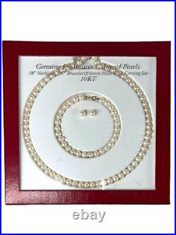 Genuine Freshwater Cultured Pearl Necklace Bracelet Stud Earrings Set 10kt Gold