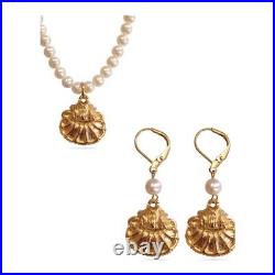 Genuine Natural Freshwater Cultured Pearl Gold Scallop Shell Necklace Set