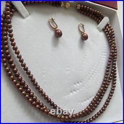 Genuine Pearl Necklace & Earrings Set Triple Strand 14k Gold Chocolate Bronze