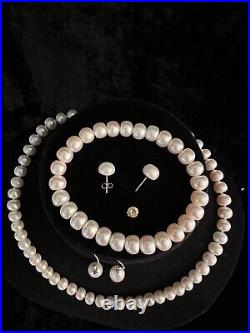 Genuine Solid Freshwater Pearl Bead Necklace + Bracelet + 2 earrings set
