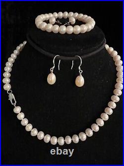 Genuine Solid Freshwater Pearl Bead Necklace + Bracelet + 2 earrings set