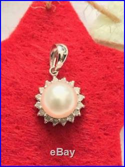 Genuine White Pearl & Diamonds Pendant White Gold Gift 14k Jewellery Gift Set