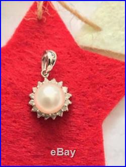 Genuine White Pearl & Diamonds Pendant White Gold Gift 14k Jewellery Gift Set