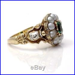Georgian 18ct. Gold Emerald, Pearl and Diamond Set Ring, Circa 1820's