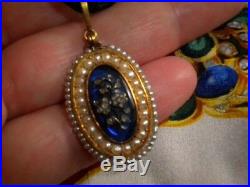 Georgian Diamonds set in Blue Glass with Seed Pearl Surround Gold Pendant