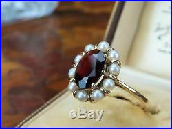 Georgian Style Garnet And Pearl Cluster Ring Set In 9ct Yellow Gold
